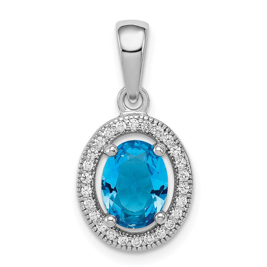 Sterling Silver Rhod-plated Blue and White CZ Oval Pendant