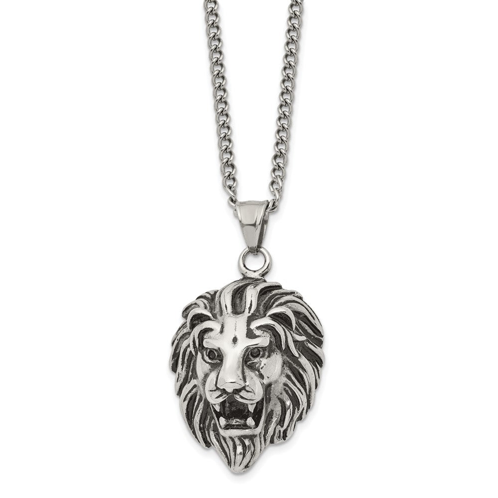 Stainless Steel Antiqued and Polished Lion Head 24in Necklace