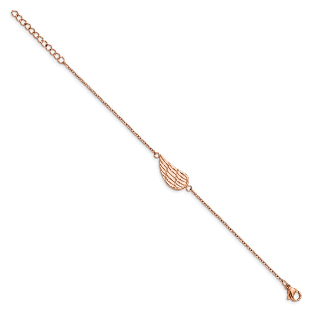 Stainless Steel Brushed/Polished Rose IP Angel Wing w/1.25in ext Bracelet 6.25 inches