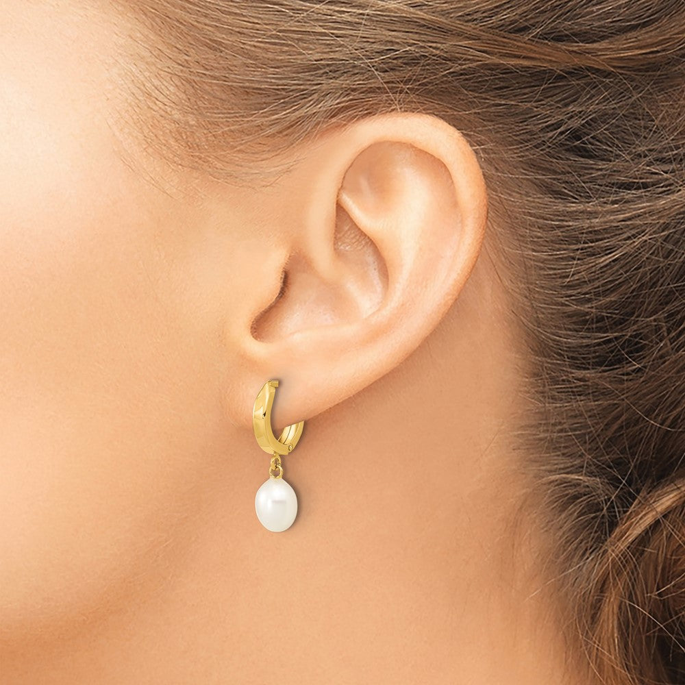 10K 6-7mm White Rice Freshwater Cultured Pearl Hoop Dangle Earrings