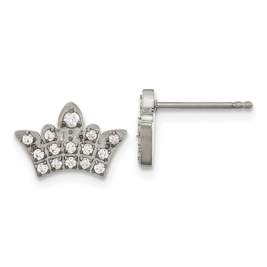 Stainless Steel Polished with CZ Crown Post Earrings