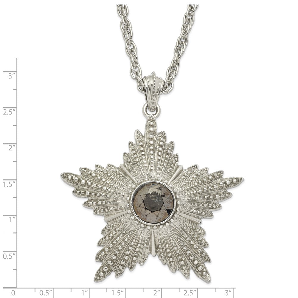1928 Jewelry Large Silver-tone Textured Hematite Epoxy Faceted Stone Center Star 32 inch Necklace