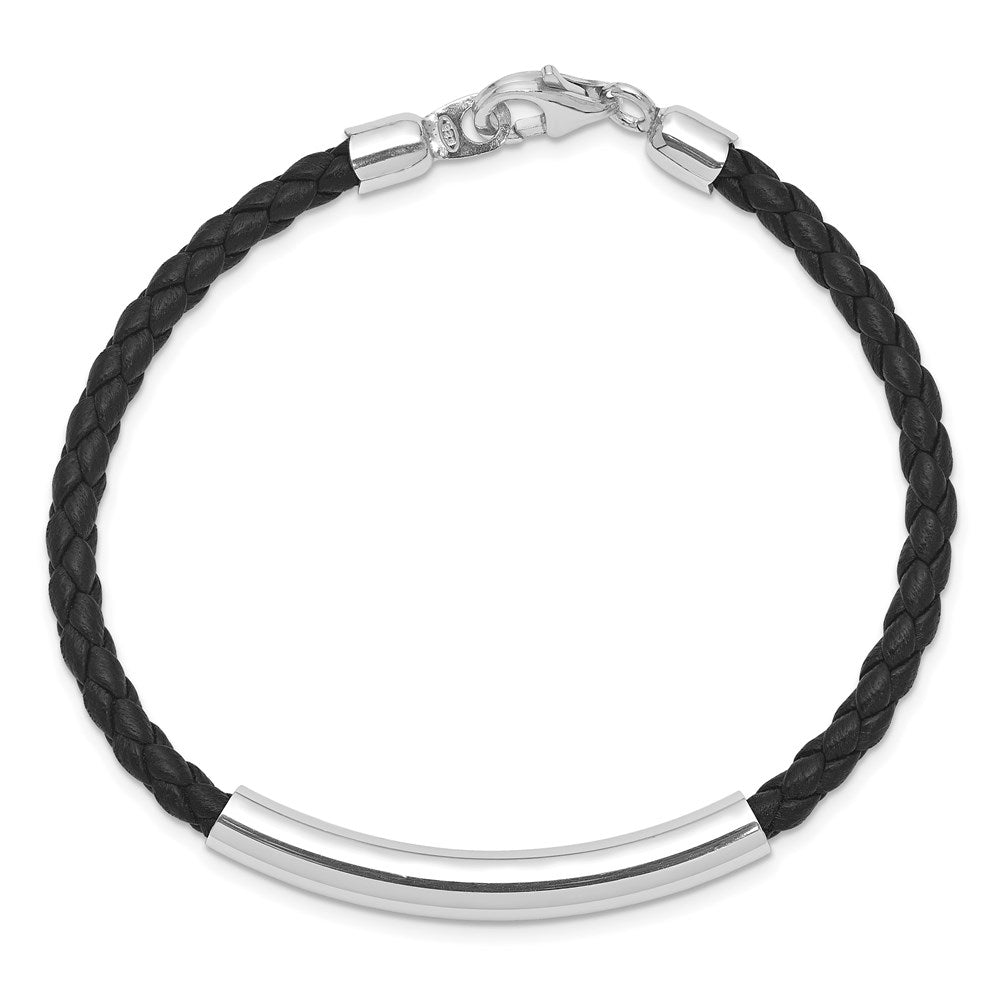 Sterling Silver Rhodium-plated Braided Black Leather Bracelet 7 inches