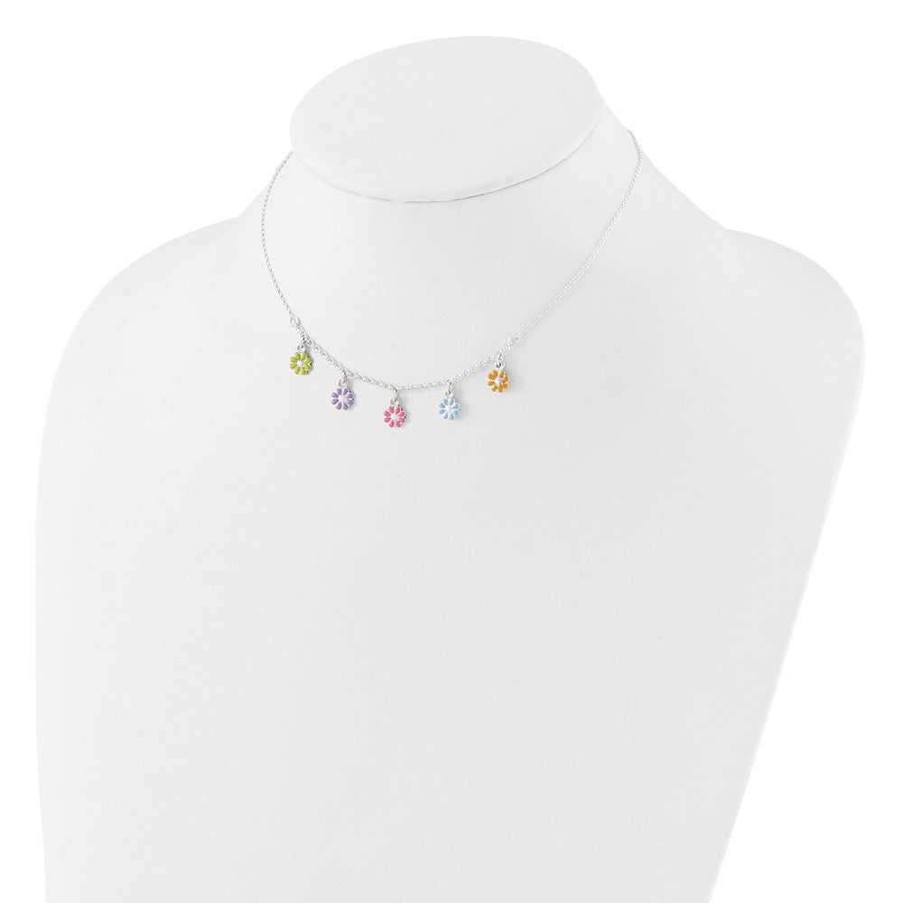 Sterling Silver Polished Multi-color Enameled Flowers Children's Necklace 14 Inches