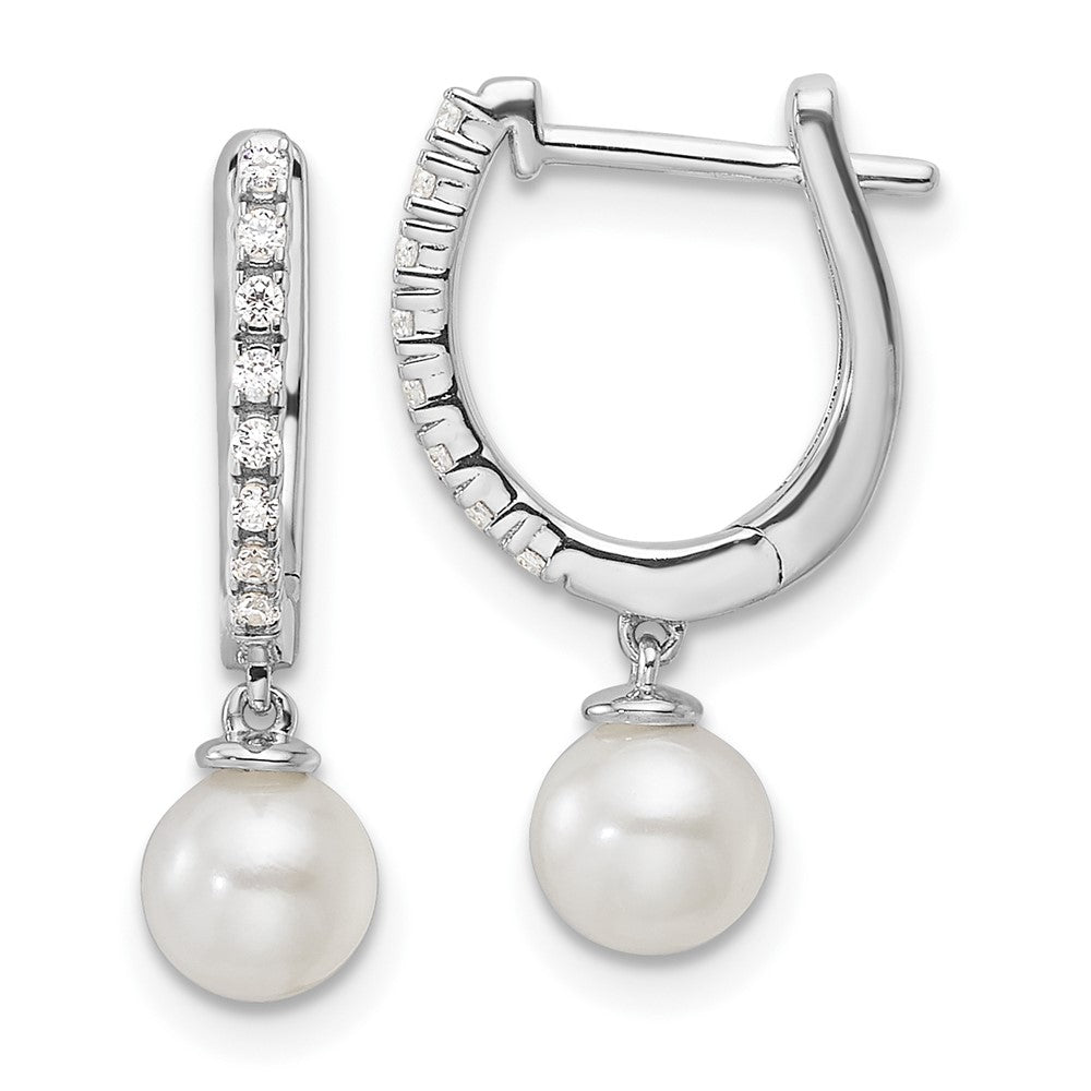 14K White Gold 1/10 Carat Lab Grown Diamond VS/SI+ G+ & 5.50mm Freshwater Cultured Pearl Complete Hinged Hoop Earrings