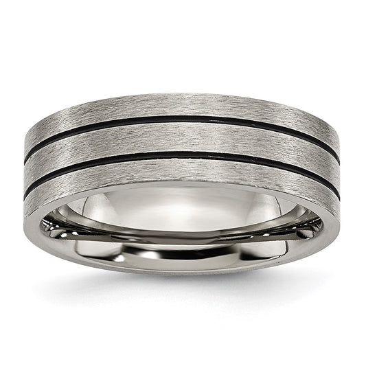 Titanium Brushed Black Enamel Grooved 7mm Flat Band Size - 7