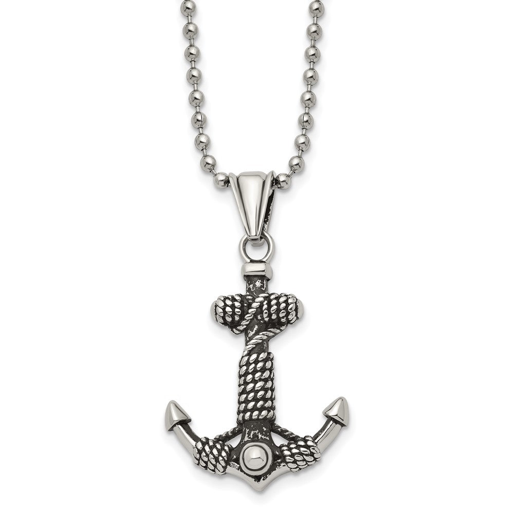 Stainless Steel Antiqued and Polished Anchor 24in Necklace
