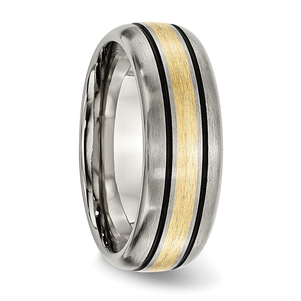 Titanium Antiqued and Brushed w/14k Yellow Inlay 8mm Grooved Band Size - 10