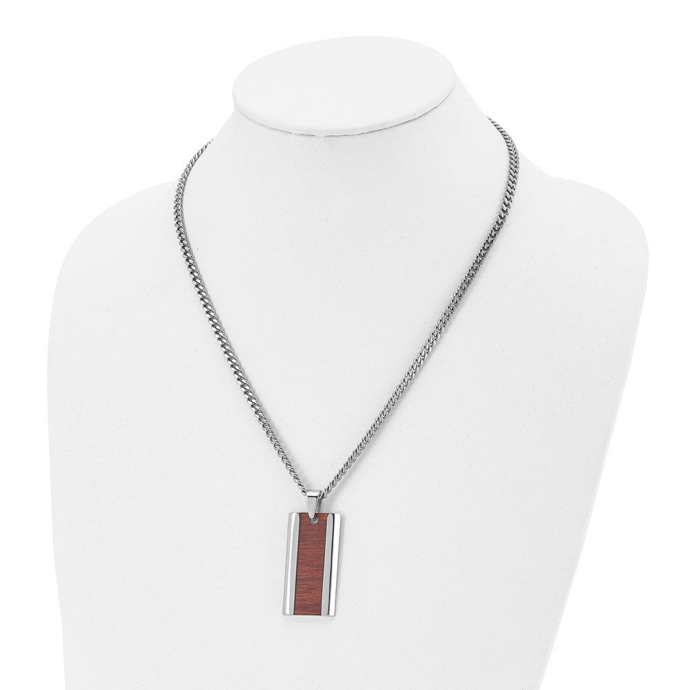 Stainless Steel Polished Red/Orange Koa Wood Inlay Enameled Necklace
