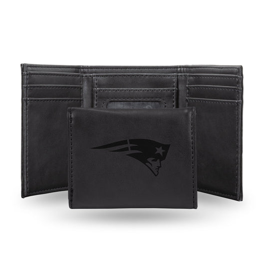 New England Patriots Black Laser Engraved Tri-Fold Wallet - Men's Accessory