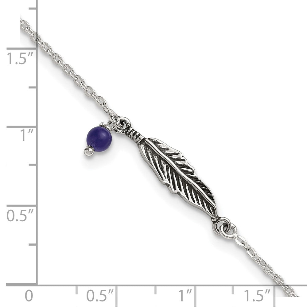 Sterling Silver Polished and Antiqued Feather and Blue Lapis Bead 9 inch with 1 inch Extension Anklet