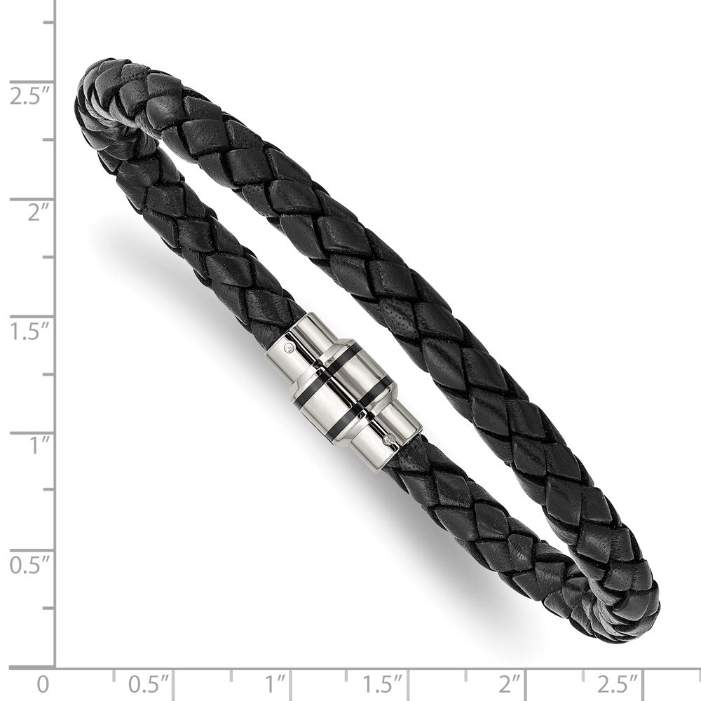 Stainless Steel Polished Black IP-plated Black Woven Leather Bracelet 9 inches