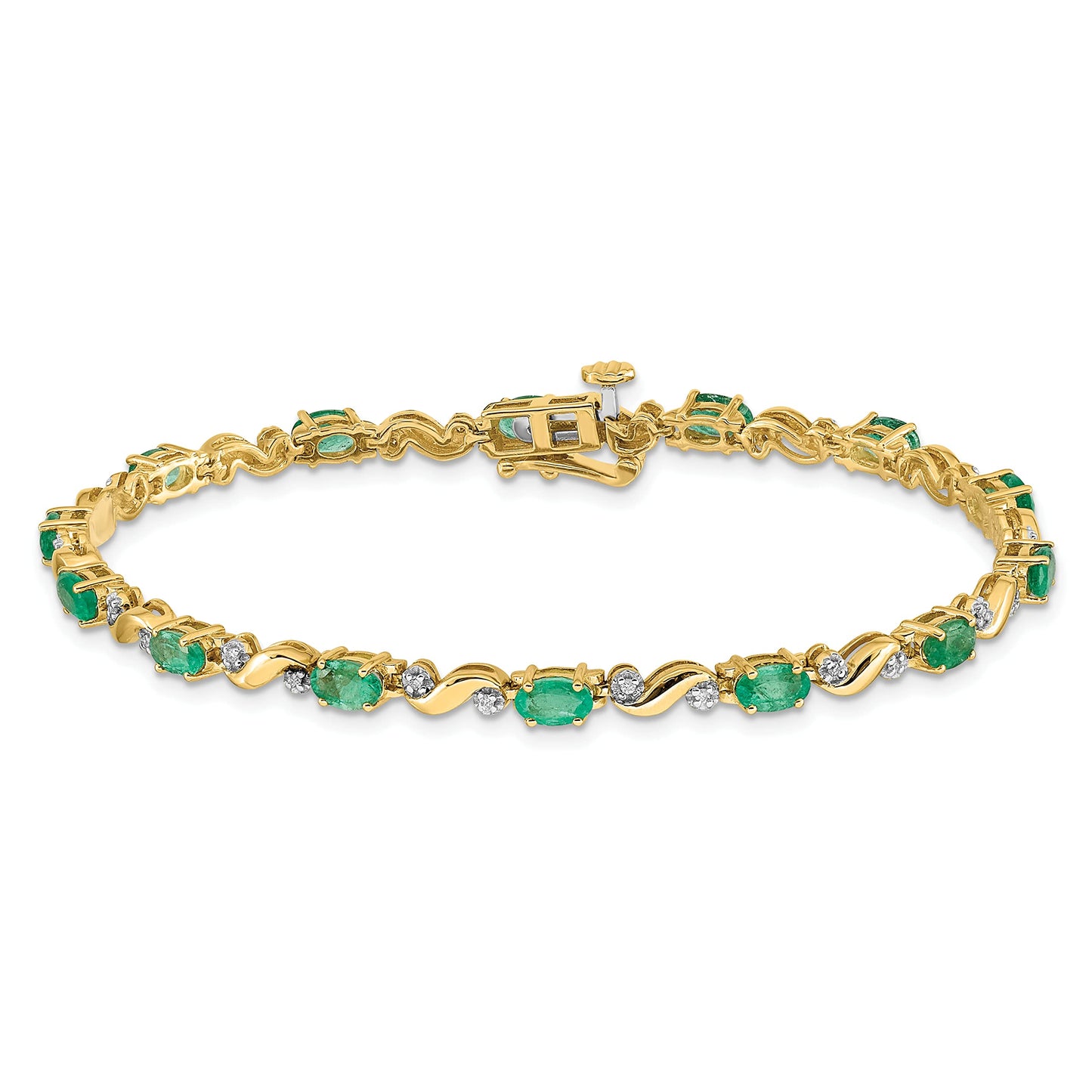 14k Complete Diamond and Oval Emerald Curved Link 7 inch Bracelet