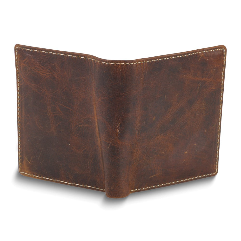 Brown Oiled Leather RFID Blocking Euro Wallet with Center Flap, Zippered Slot, and Snap Coin Pocket