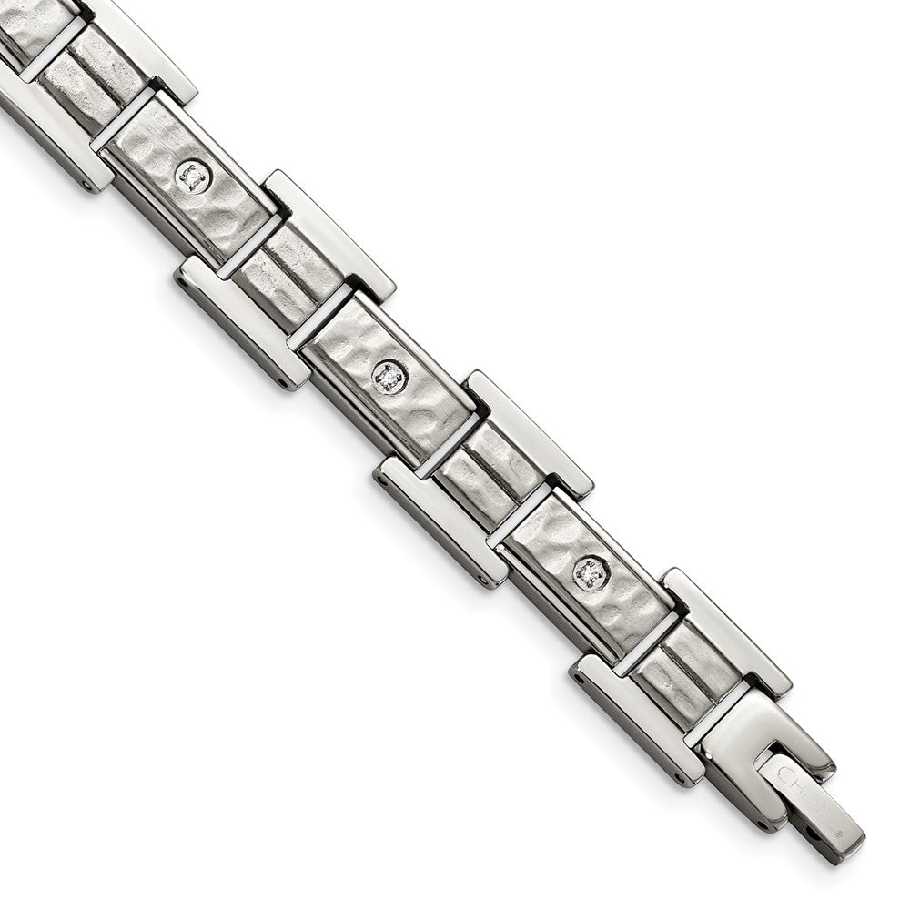 Stainless Steel Brushed Polished and Hammered with CZ 8.5in Bracelet 8.5 inches