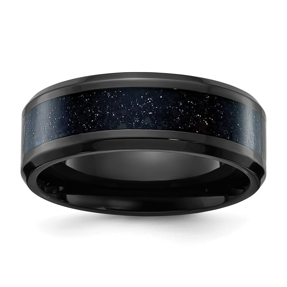 Chisel Stainless Steel Polished Black IP-plated with Blue Star Sandstone Inlay 8mm Band Size - 8.5
