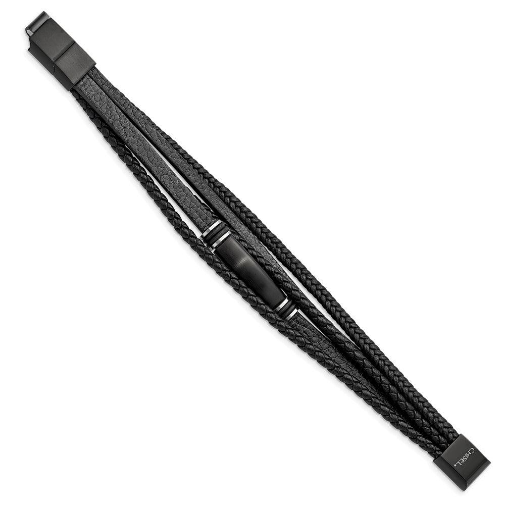 Stainless Steel Brushed Black IP PU Leather/Rubber 8in w/.5in ext Bracelet 8 inches