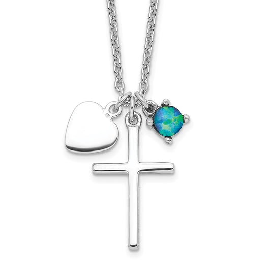 Sterling Silver Rhodium-plated Created Blue Opal Cross Necklace 18 Inches