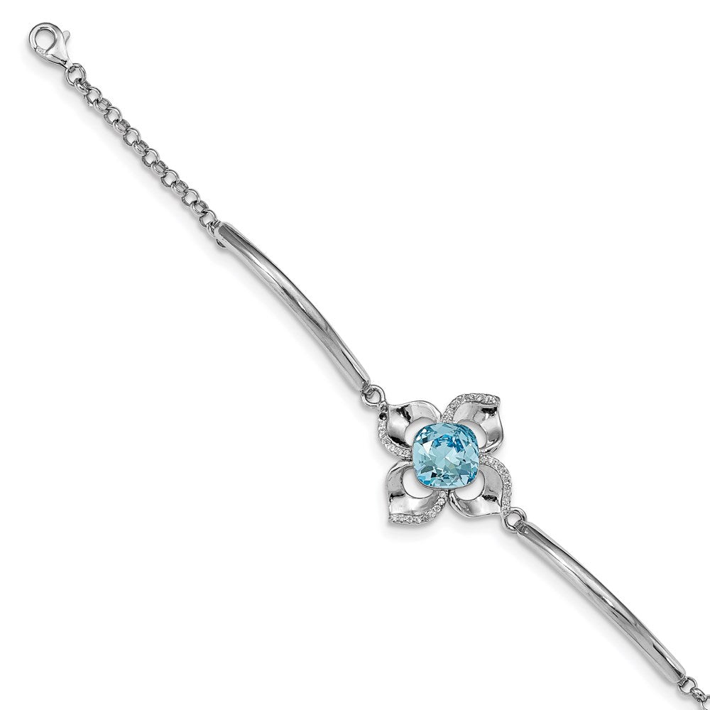 Sterling Silver RH-plated Clear/Blue Crystal Flower w/1in ext Bracelet 7 inches