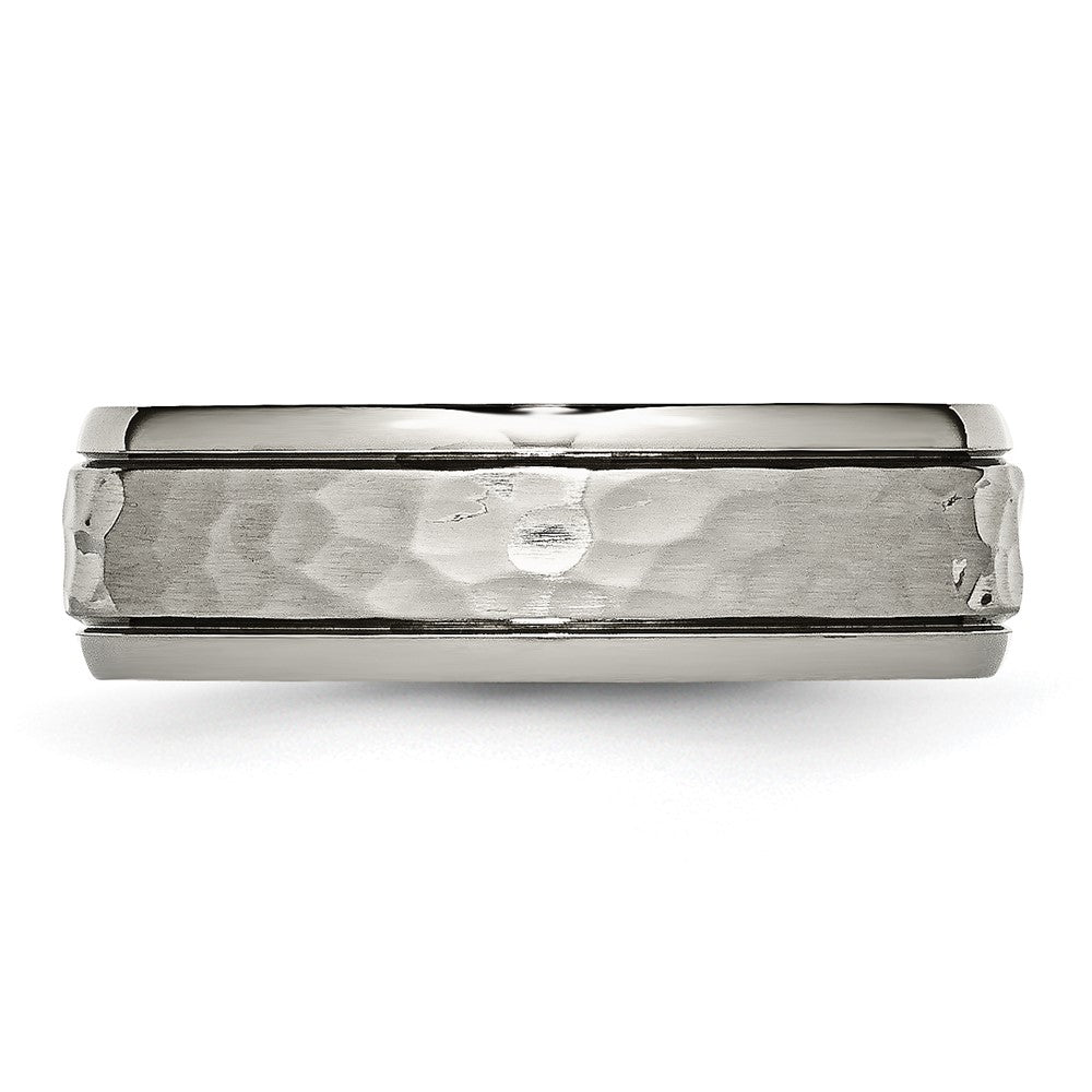 Titanium Polished and Hammered 7mm Grooved Edge Band Size - 14