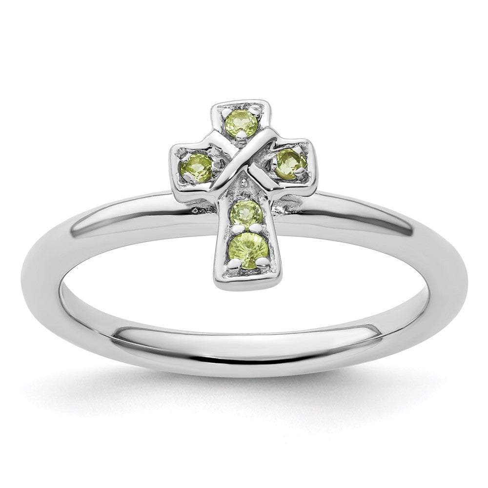 Sterling Silver Stackable Expressions Rhodium Peridot Cross Ring Size -8