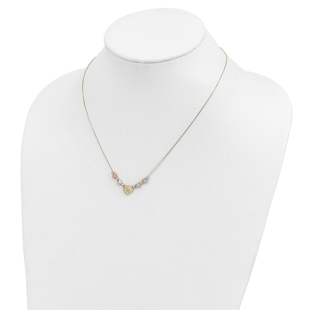 10K Tri-Color Puff & Flat hearts Necklace