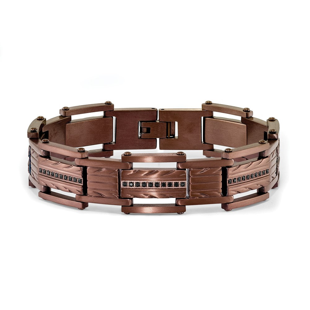 Stainless Steel Brushed and Textured Brown IP w/Black CZ 8.25in Bracelet 8.25 inches