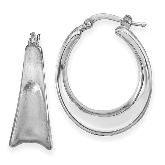 Sterling Silver Rhodium-plated Polished & Brushed Oval Hoop Earrin