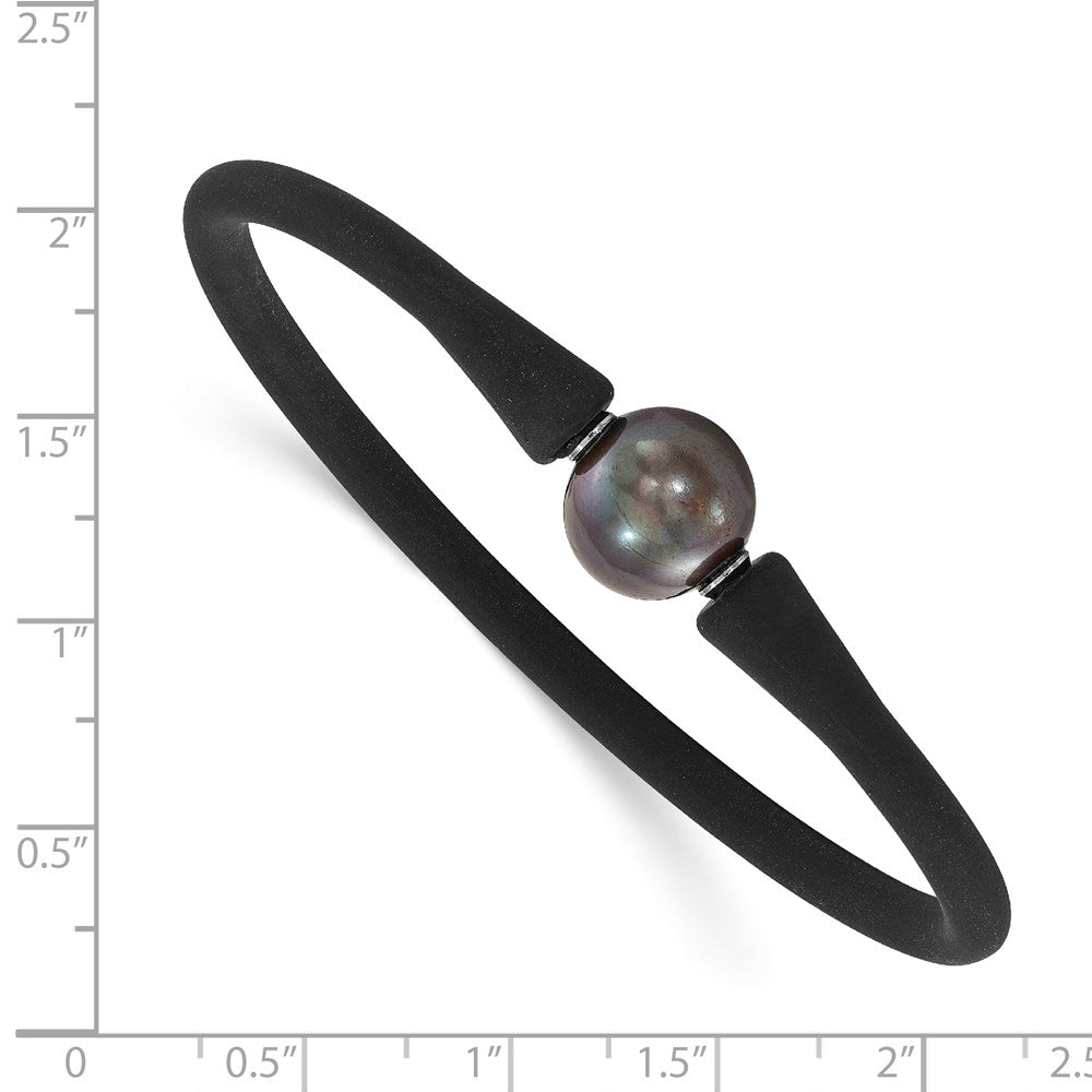 Stainless Steel 11-12mm Freshwater Cultured Pearl Black Silicone Bracelet 6.75 inches