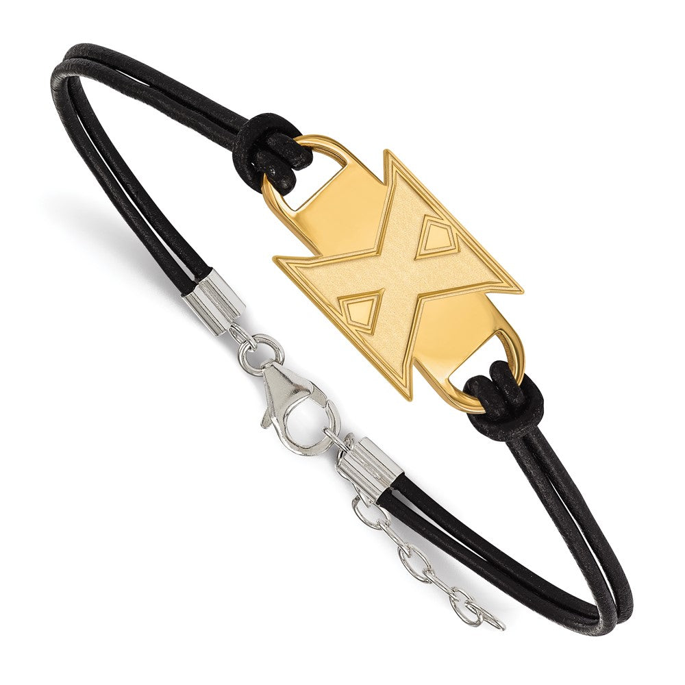 Sterling Silver Gold-plated LogoArt Xavier University Letter X Black Leather 7 inch Bracelet with Extender