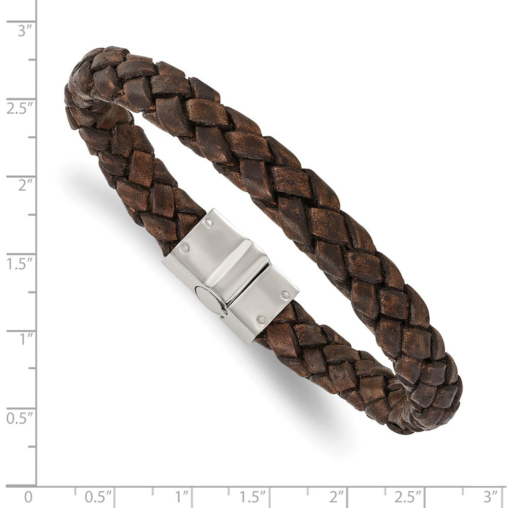 Stainless Steel Polished Brown Woven Leather 8.75in Bracelet 8.75 inches
