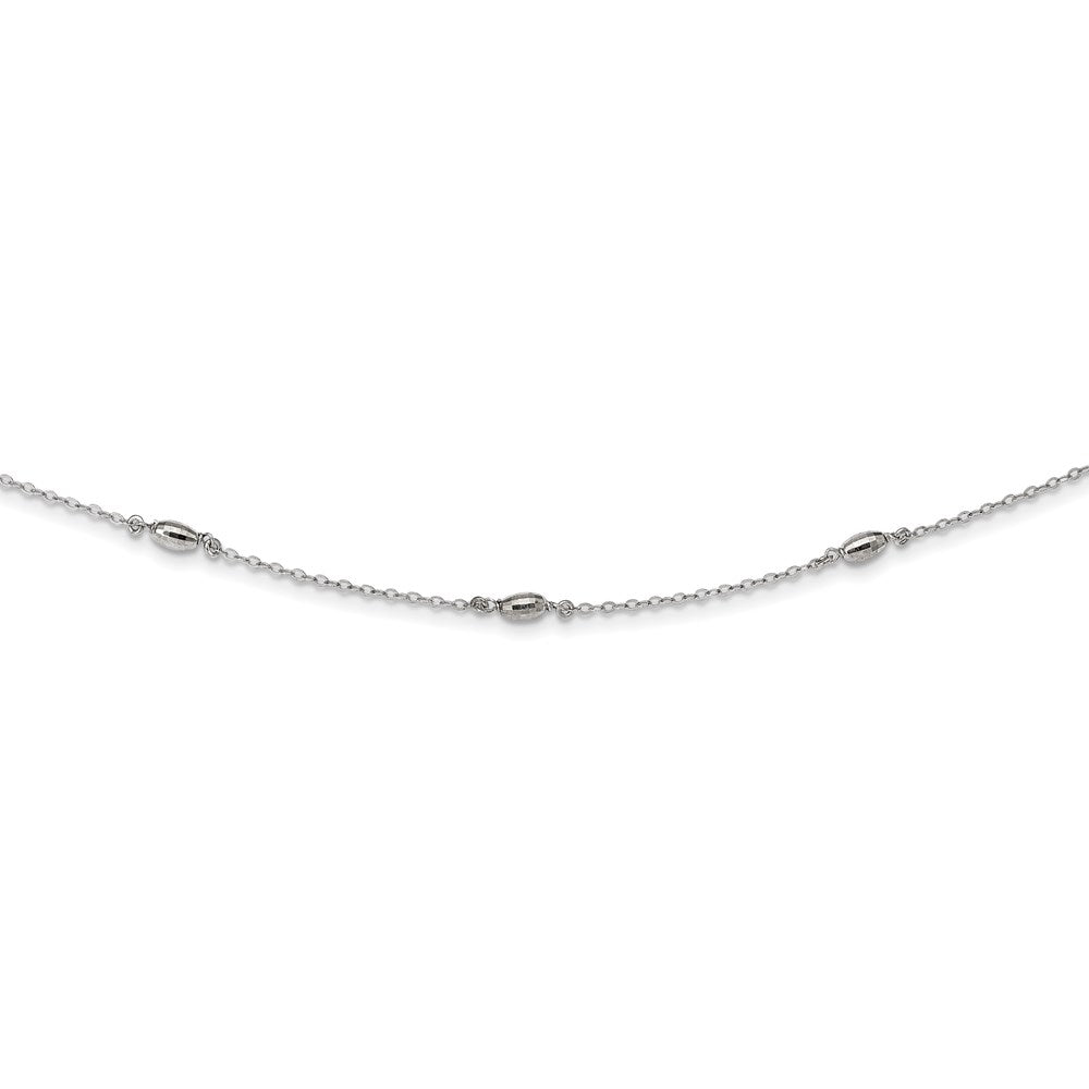 Sterling Silver Rhodium-plated Diamond-cut Oval Beads w/3in ext Choker 12 Inches