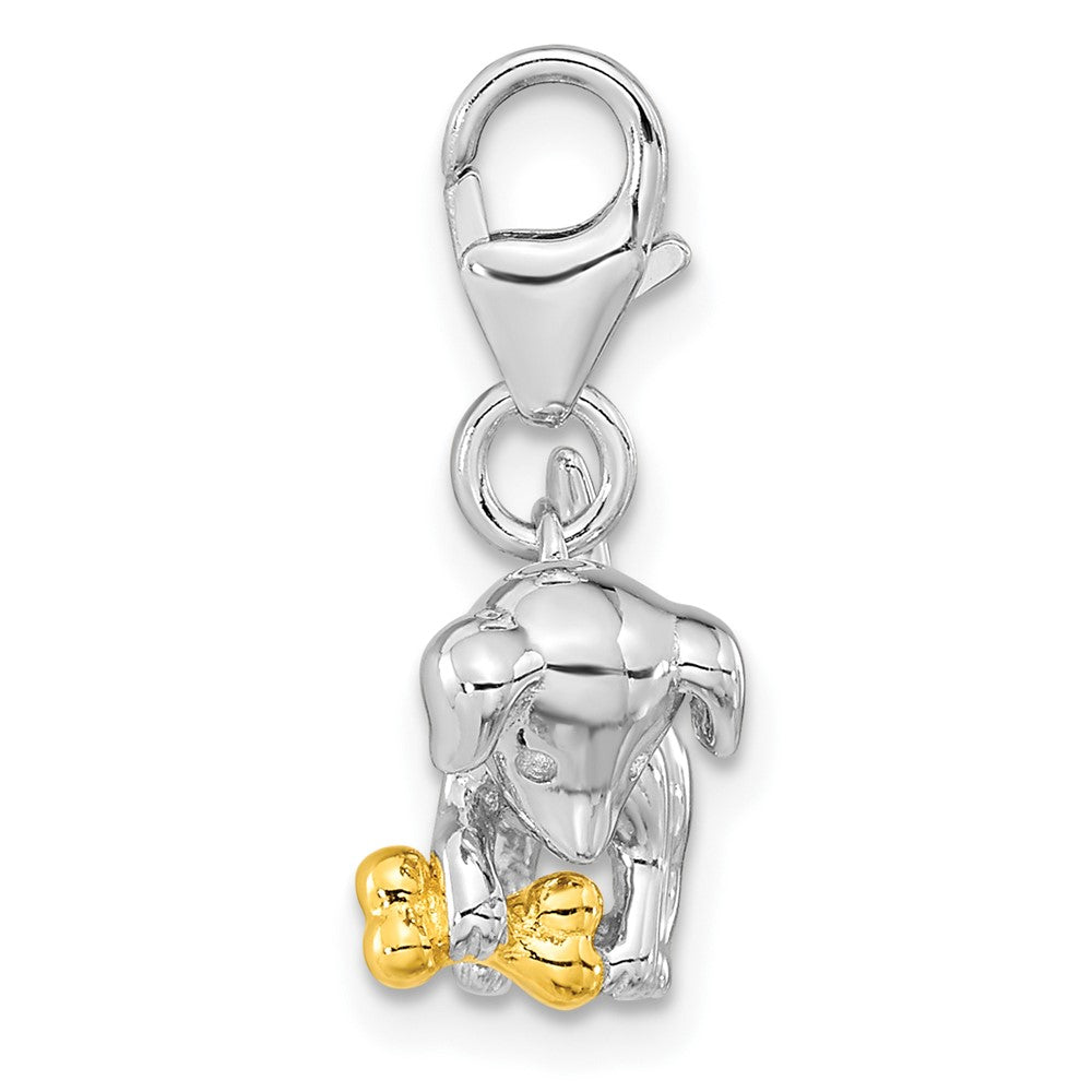 Amore La Vita Sterling Silver Rhodium-plated and Gold-plated Polished 3-D Puppy Holding Bone Charm with Fancy Lobster Clasp