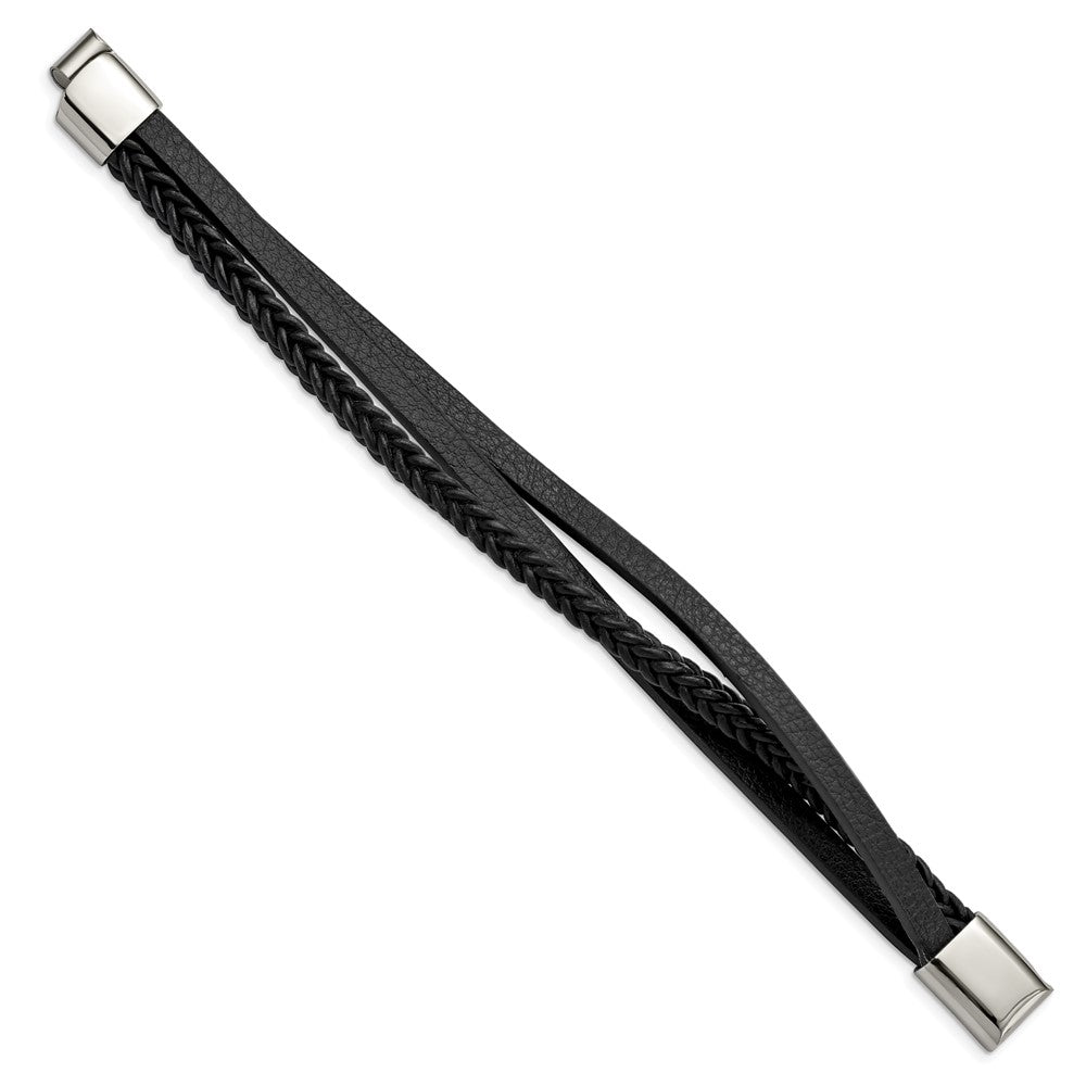 Stainless Steel Polished Black Leather Multi-Strand 8.25in Bracelet 8.25 inches