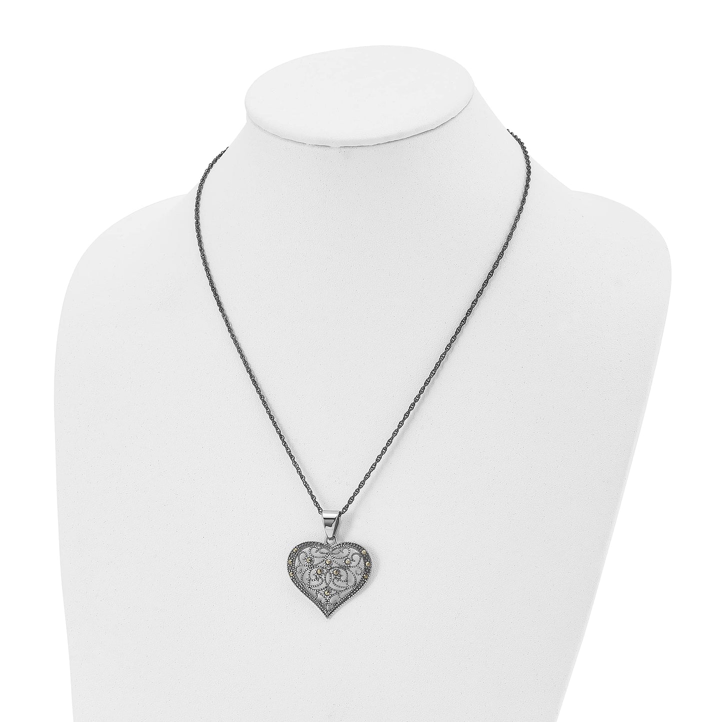 Stainless Steel Antiqued and Polished w/Marcasite Heart 20in Necklace