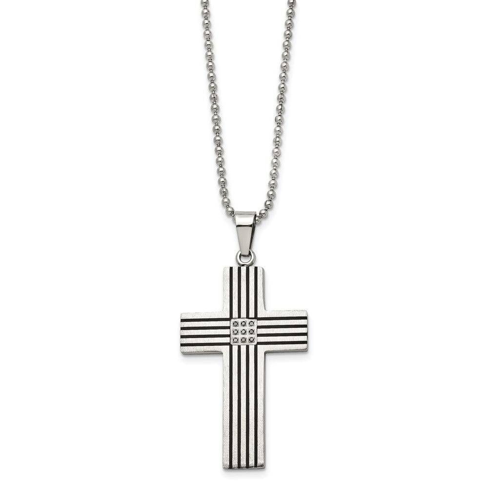 Stainless Steel Polished Black IP-plated 1/20ct Black Dia Cross Necklace