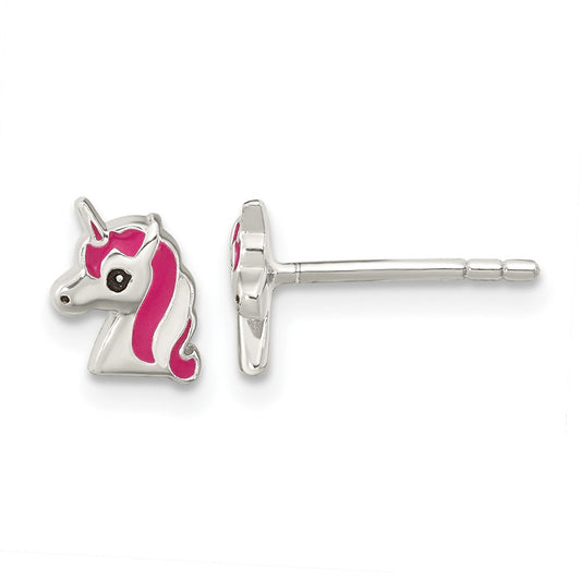Sterling Silver Polished Multi-color Enameled Unicorn Head Children's Post Earrings