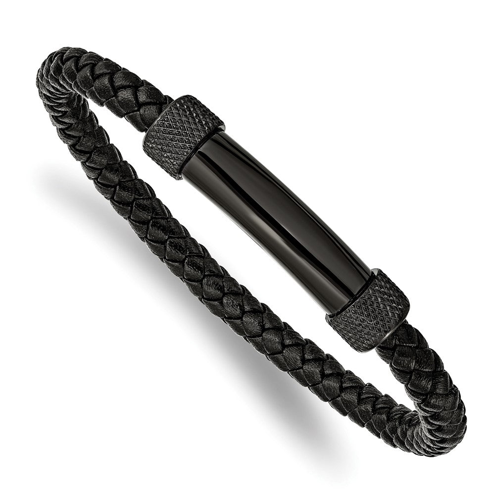 Stainless Steel Polished Black IP-plated Black Leather 8.25in Bracelet 8.25 inches