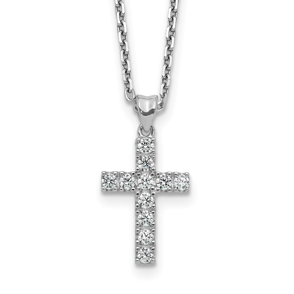 Sterling Shimmer Sterling Silver Rhodium-plated 2mm CZ 11 Stone Cross 16 inch with 2 inch Extension Necklace 16 Inches