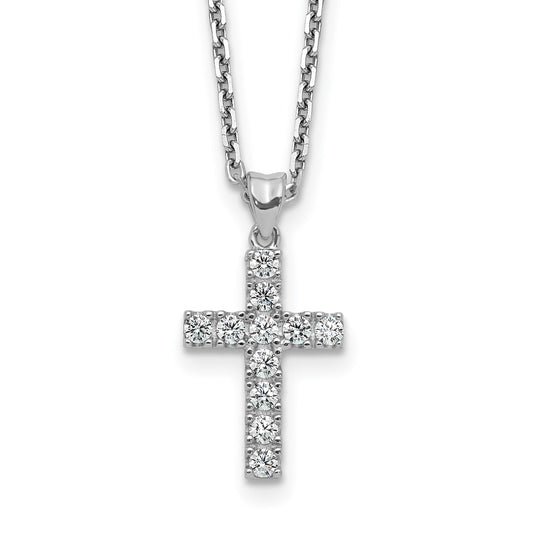 Sterling Shimmer Sterling Silver Rhodium-plated 2mm CZ 11 Stone Cross 16 inch with 2 inch Extension Necklace 16 Inches