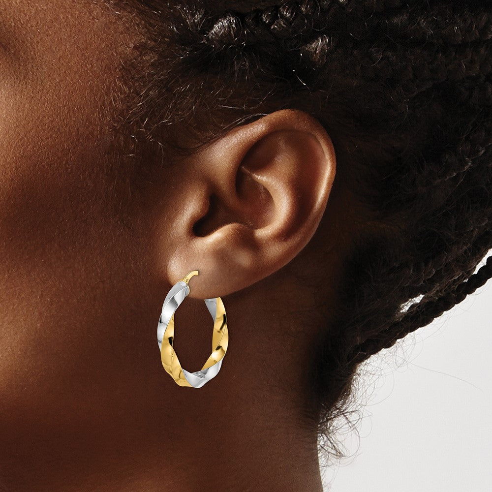14K & Rhodium Polished Twisted Hoop Earrings
