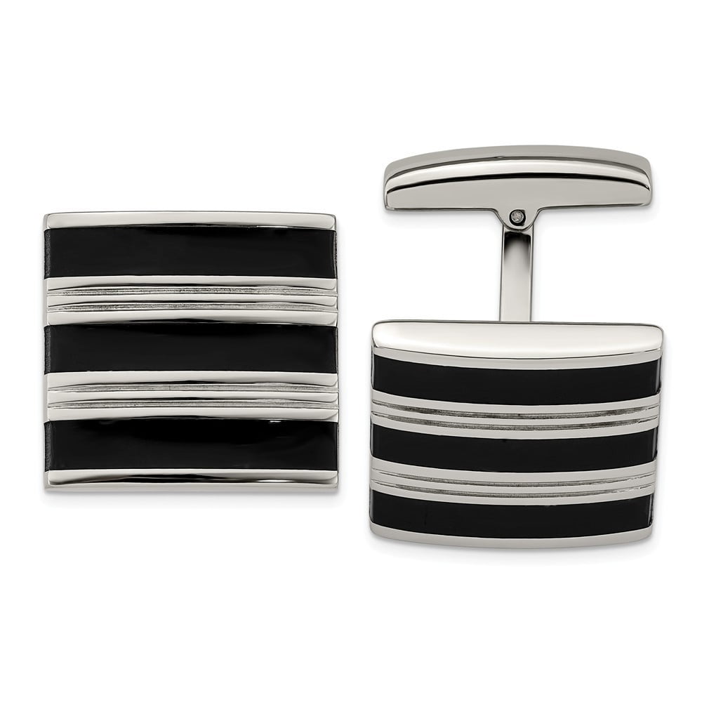 Stainless Steel Polished Grooved Black Rubber Stripes Cuff Links - Measures 18mm Wide