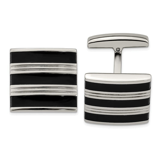 Stainless Steel Polished Grooved Black Rubber Stripes Cuff Links - Measures 18mm Wide