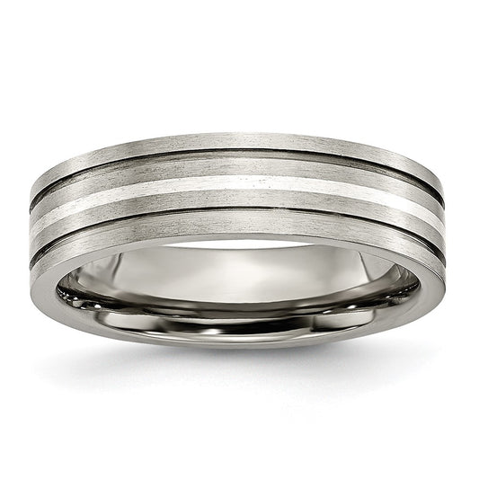 Titanium Brushed w/Sterling Silver Inlay 6mm Grooved Band Size - 10