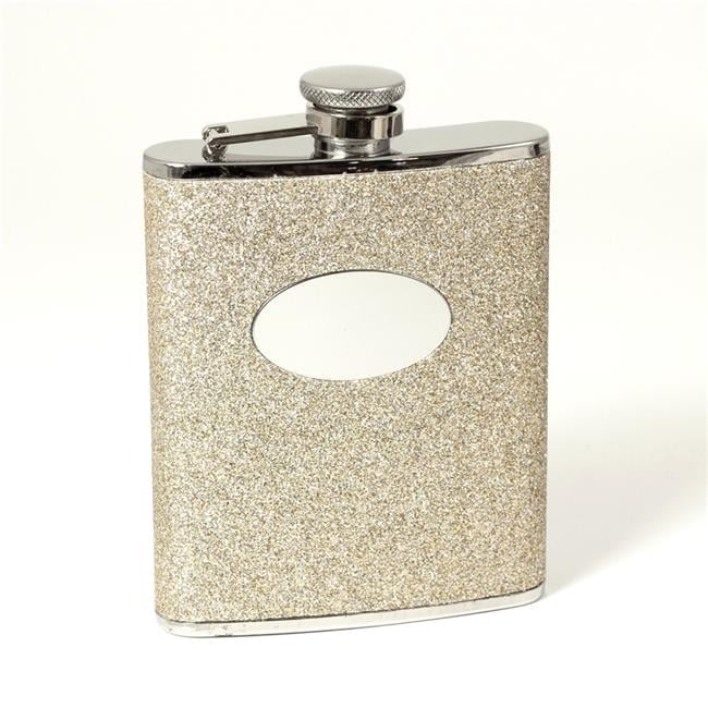 Bey-Berk International FS476G 6 oz Stainless Steel Gold Glitter Flask with Oval Medallion Captive Cap & Durable Rubber Seal