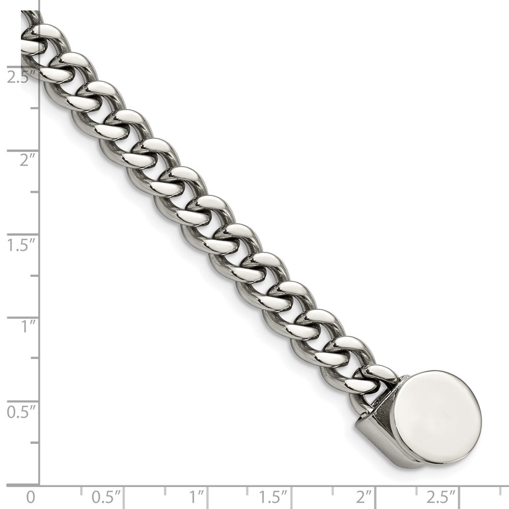Stainless Steel Polished Curb Chain w/Black Leather Hook 8.25in Bracelet 8.25 inches