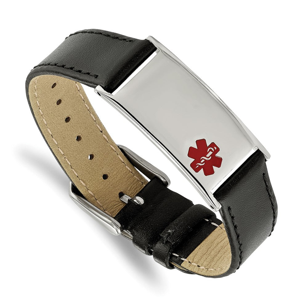 Stainless Steel Polished Enamel Leather Adj 6.5-8.25in Medical Bracelet 8.25 inches
