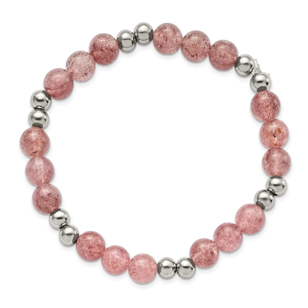 Stainless Steel Polished Strawberry Quartz Beaded Stretch Bracelet 7.25 inches
