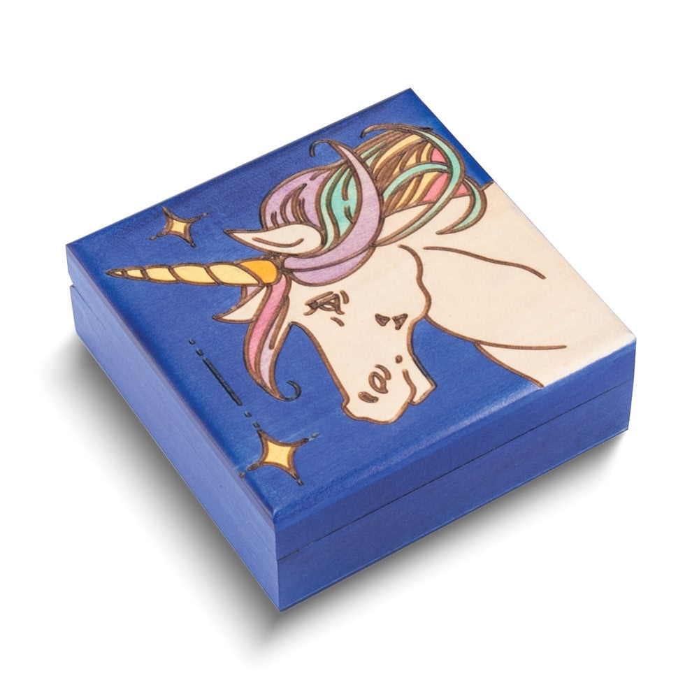 Handcrafted Solid Wood Unicorn Carved and Painted Blue Keepsake Box