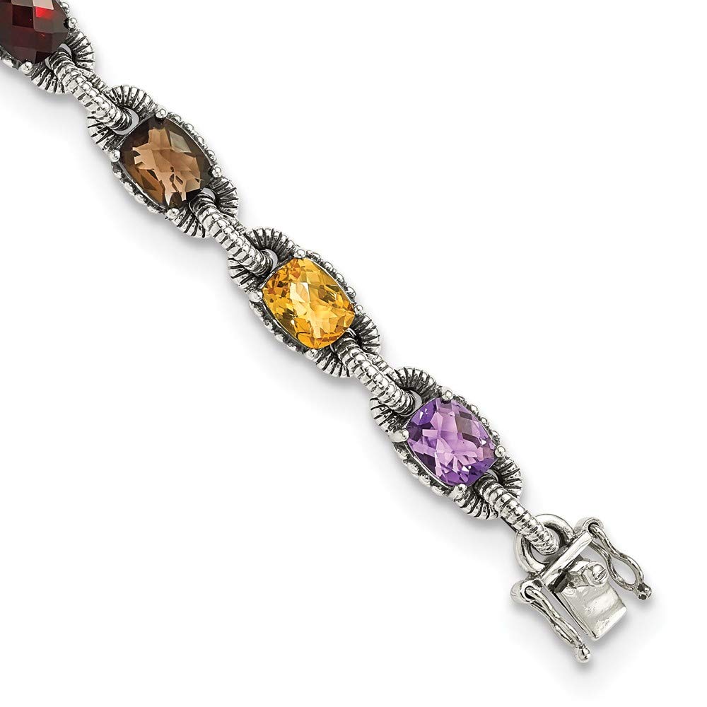Shey Couture Sterling Silver 7.25 Inch Antiqued Cushion .86Amethyst/.86Citrine/1.10Garnet/.55Peridot/.86Smoky Quartz Bracelet 7.25 inches